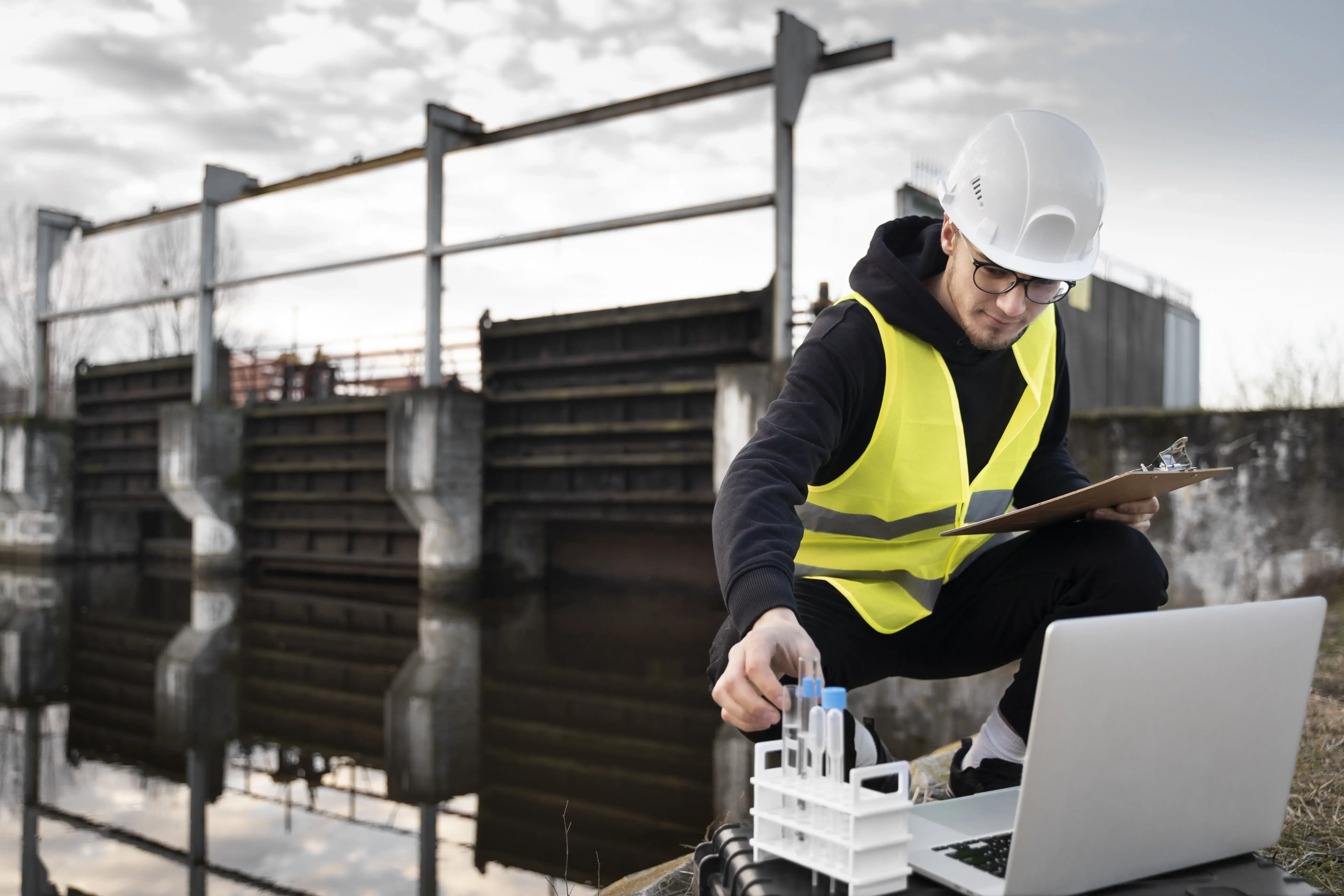 Technician performing sewer line inspection or trenchless repair